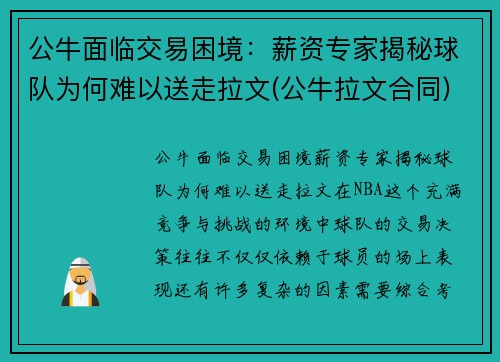 公牛面临交易困境：薪资专家揭秘球队为何难以送走拉文(公牛拉文合同)