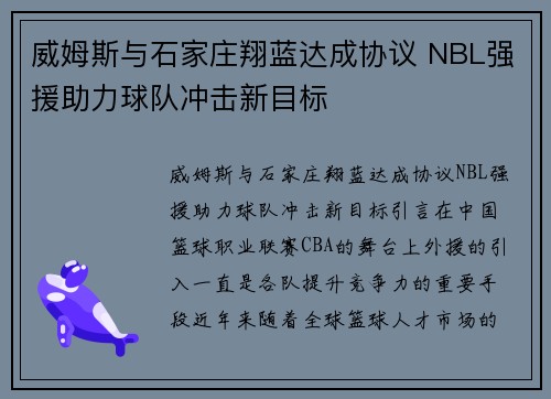 威姆斯与石家庄翔蓝达成协议 NBL强援助力球队冲击新目标