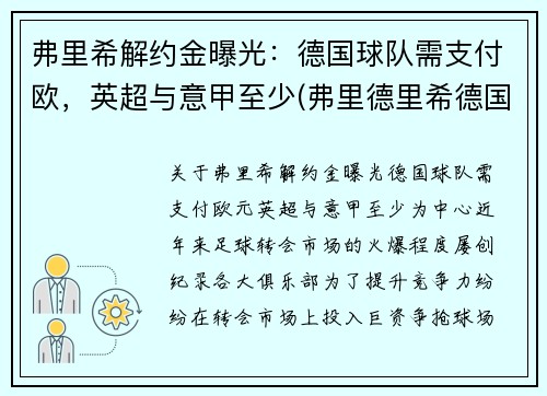 弗里希解约金曝光：德国球队需支付欧，英超与意甲至少(弗里德里希德国足球)