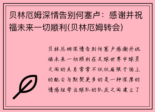 贝林厄姆深情告别何塞卢：感谢并祝福未来一切顺利(贝林厄姆转会)