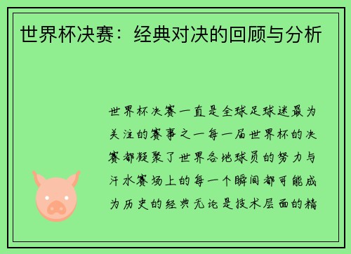 世界杯决赛：经典对决的回顾与分析
