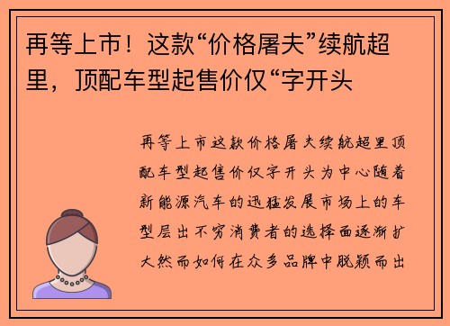 再等上市！这款“价格屠夫”续航超里，顶配车型起售价仅“字开头