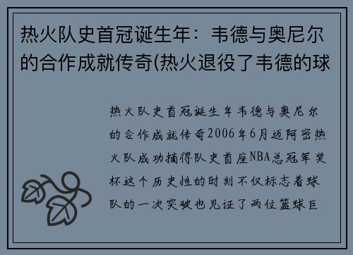 热火队史首冠诞生年：韦德与奥尼尔的合作成就传奇(热火退役了韦德的球衣吗)